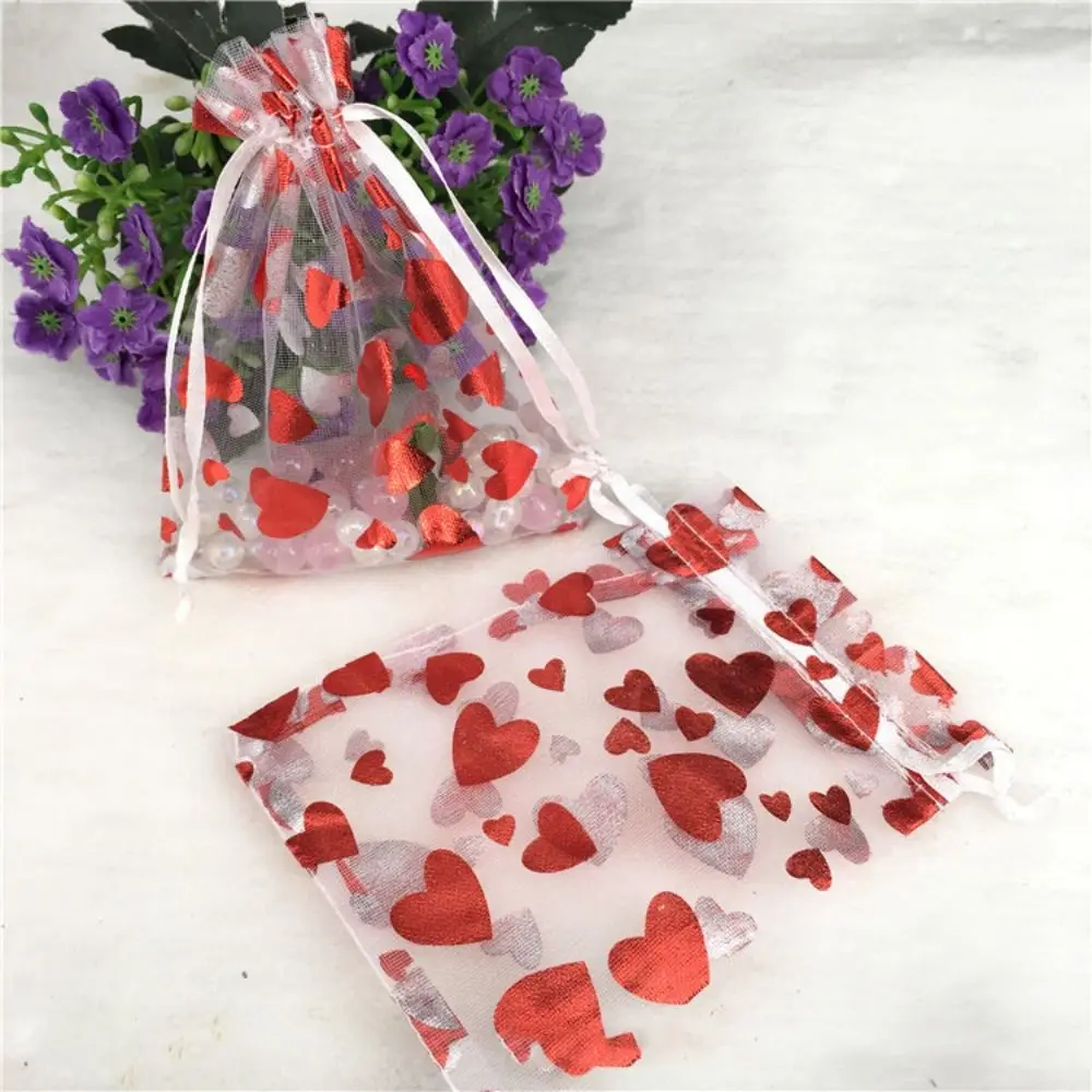 20pcs Portable Drawstring Valentine's Day Gift Bag Organza Love Heart Mesh Candy Pouches Mini Reuse Bronzing Gift Bag Couple