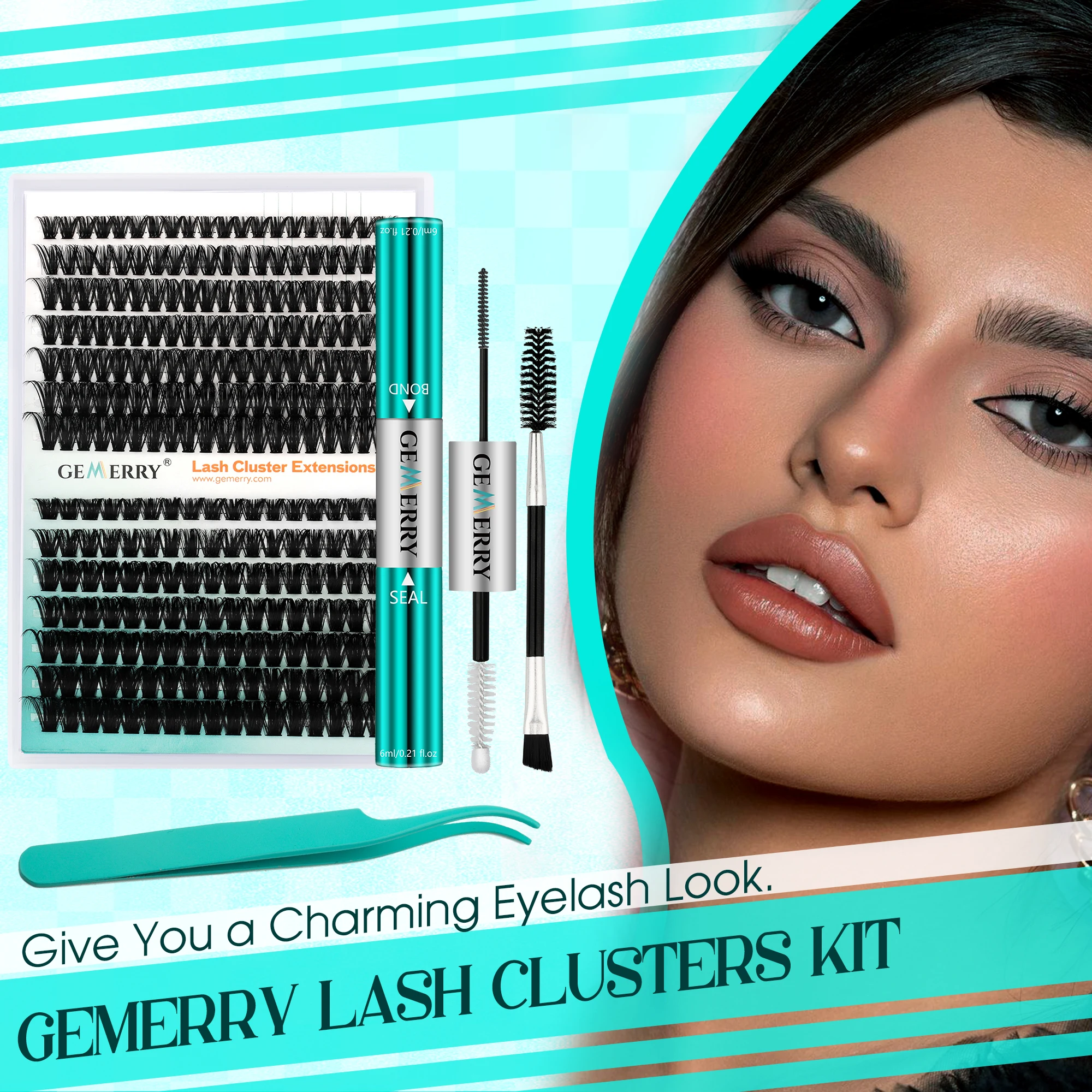 GEMERRY 40D-200D mezcla DIY Kit de extensión de pestañas Kit de grupos de pestañas individuales rizo D esponjoso con unión y sello de pestañas, pinzas para pestañas