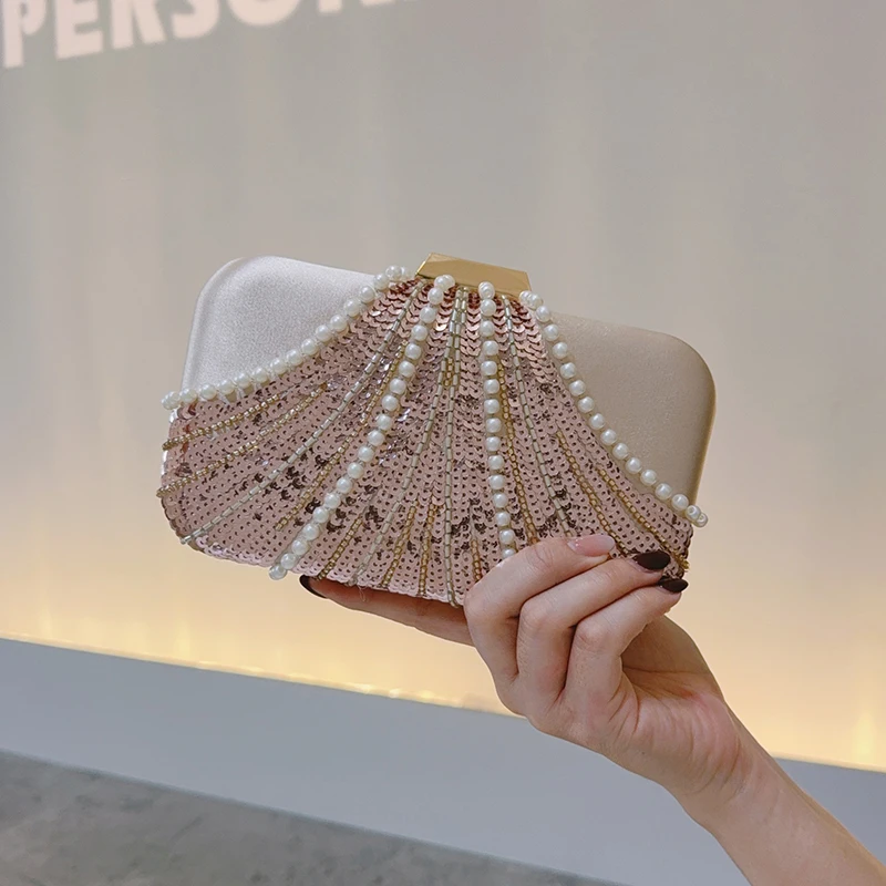 

Luxury Sequin Pearl Evening Clutch Bag Satin Hard Case Purse with Detachable Gold Chain Strap Elegant Beaded Party Handbag