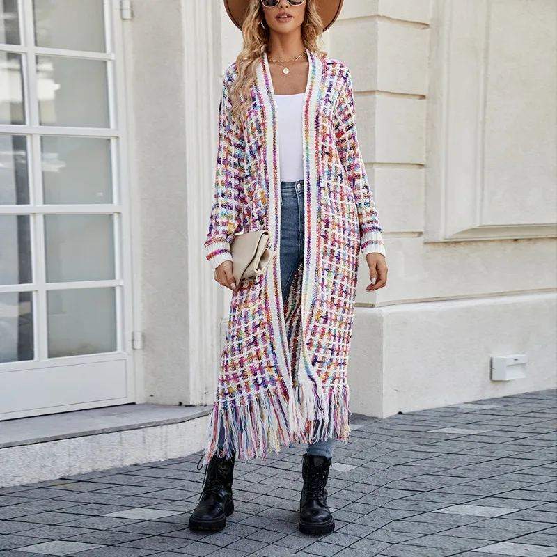 Casual Loose Colorful Plaid Tassel Knitted Long Cardigan for Autumn/Winter Women' Coats 2023 New Long Sleeves Sweater for Ladies