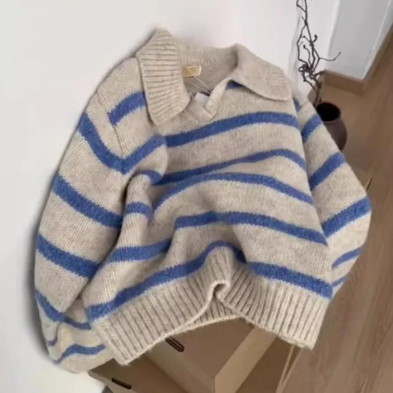 

Модный осенне-зимний свитер в полоску с воротником-поло, женский вязаный топ с длинными рукавами, ретро-дизайн, повседневный универсальный мягкий теплый пуловер
