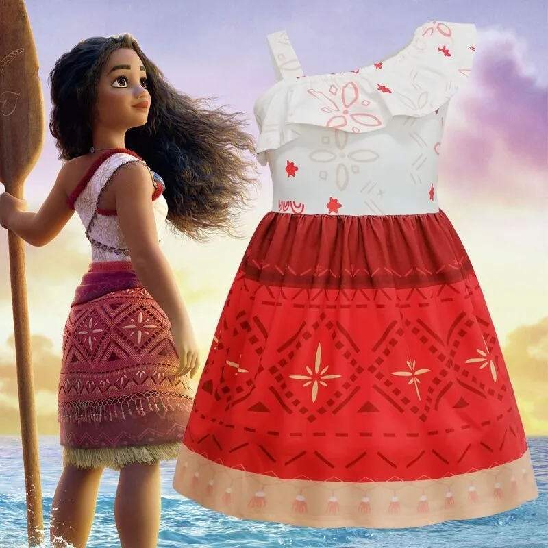 Disney Moana Princess Dress Short Sleeves Dress for Girls Cosplay Halloween Carnival Party Costume Printed Cute Clothes Cotton P