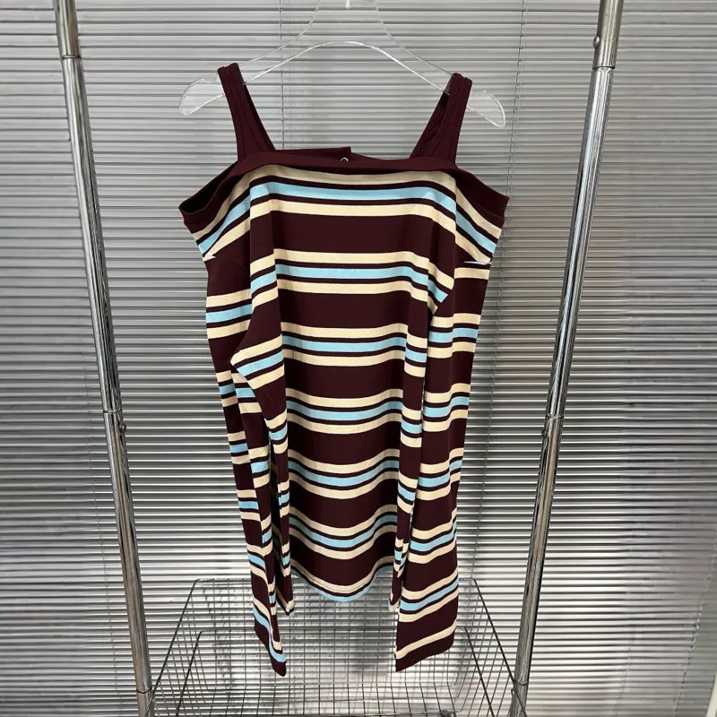 HKSH T-shirt per donna Color Block a righe con spalle scoperte a maniche lunghe dimagrante elegante High Street Sweet Cool Casual Top HK10743