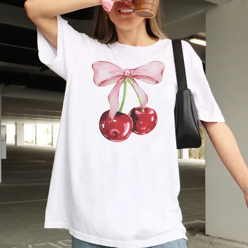 Cherry Bow Printed Women's Vintage T-Shirt Trendy Cute Tee Shirt Short Sleeve Cottagecore Aesthetic Tops Female Clothes