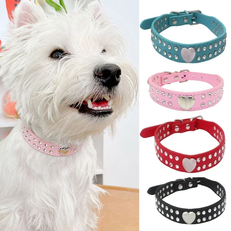 Fashion Dog Collar Love Heart Rhinestone PU LeatherChihuahua Yorkie Party Collar Cat Grooming Decorate Gift Pet Supplies