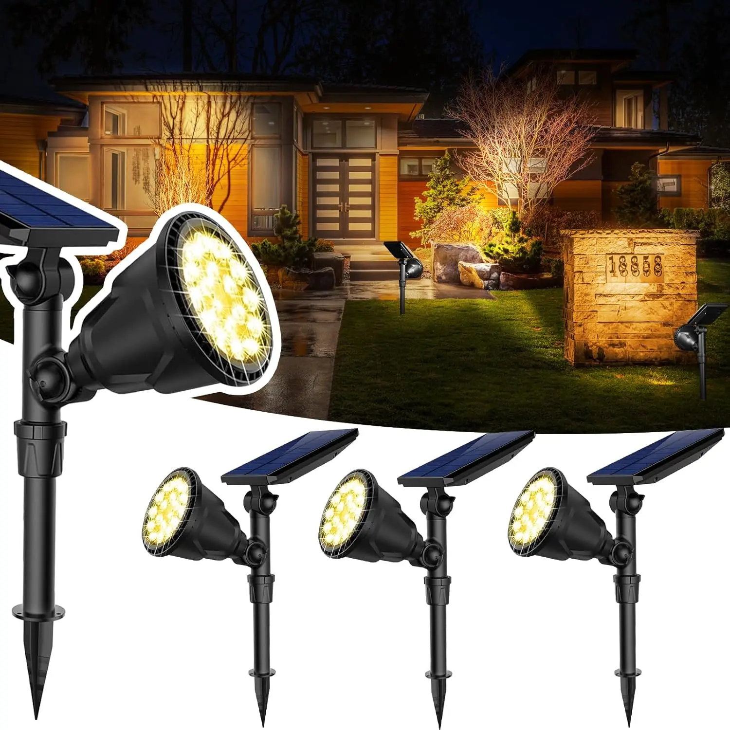 

600 Lumen Solar Outdoor Lights Waterproof 4 Pack, Landscape Spotlights for Garden Pathway Driveway Patio Warm White
