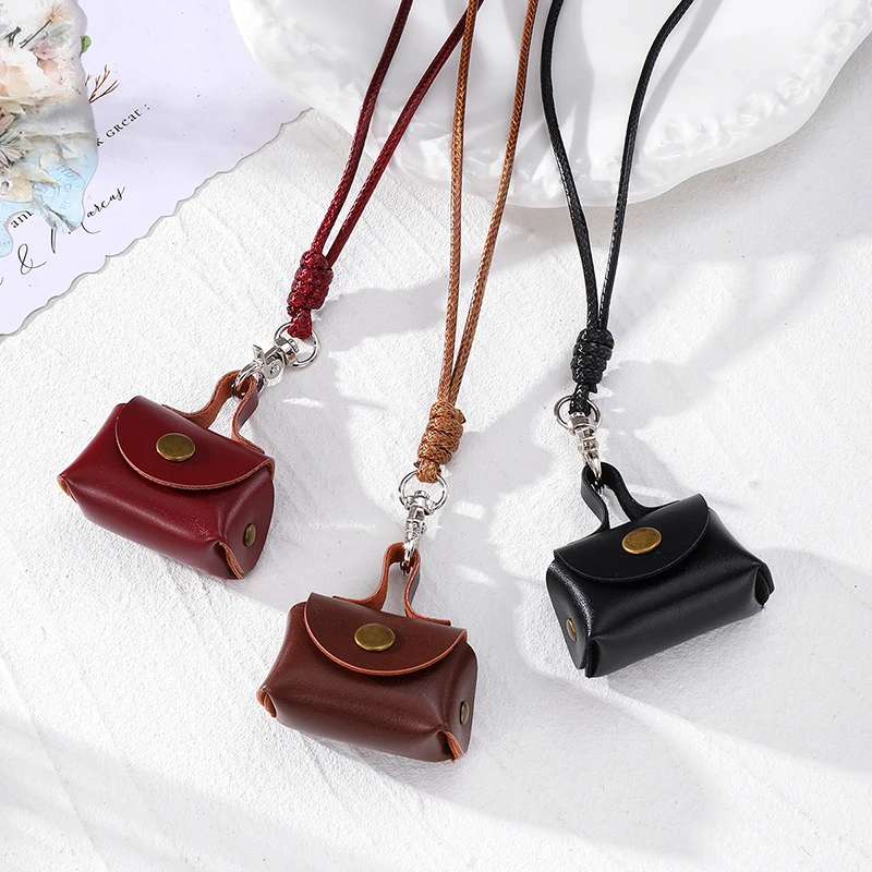 Trendy Mini Leather Coin Purse Necklace For Women Men Gift Vintage Pill Headphones Storage Box Bag Pendant Sweater Chain Jewelry