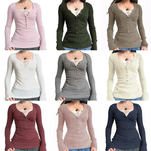 Imagen 2 del producto Camisetas Vintage de encaje de retazos de algodón para mujer, moda coreana con botones, ropa informal Grunge Y2K, Tops Retro para primavera y otoño