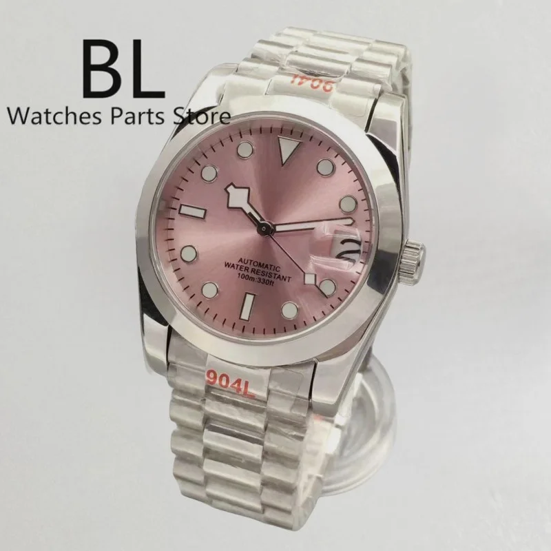 BLIGER 36mm/39mm Automatic Mens Watch NH35 Polished Bezel Pink Dial Sapphire Glass Green Luminous Stainless Steel Strap Silde