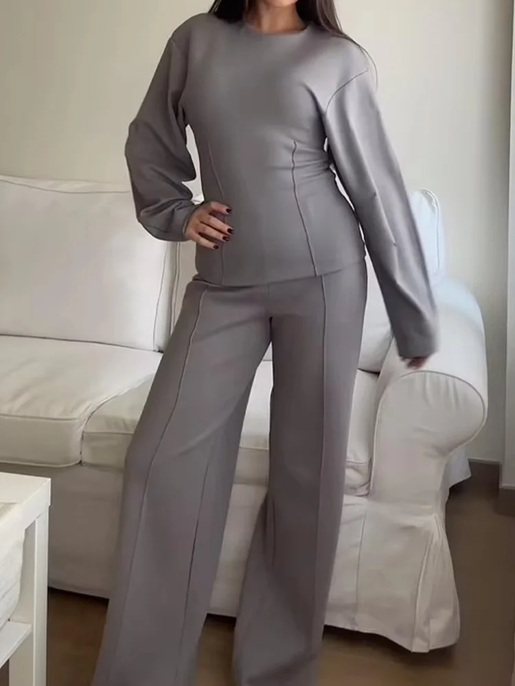 HH-Conjunto de 2 piezas adelgazante para mujer, Top de manga larga con cuello redondo de tela de doble cara y pantalones largos informales elásticos elegantes, nueva moda