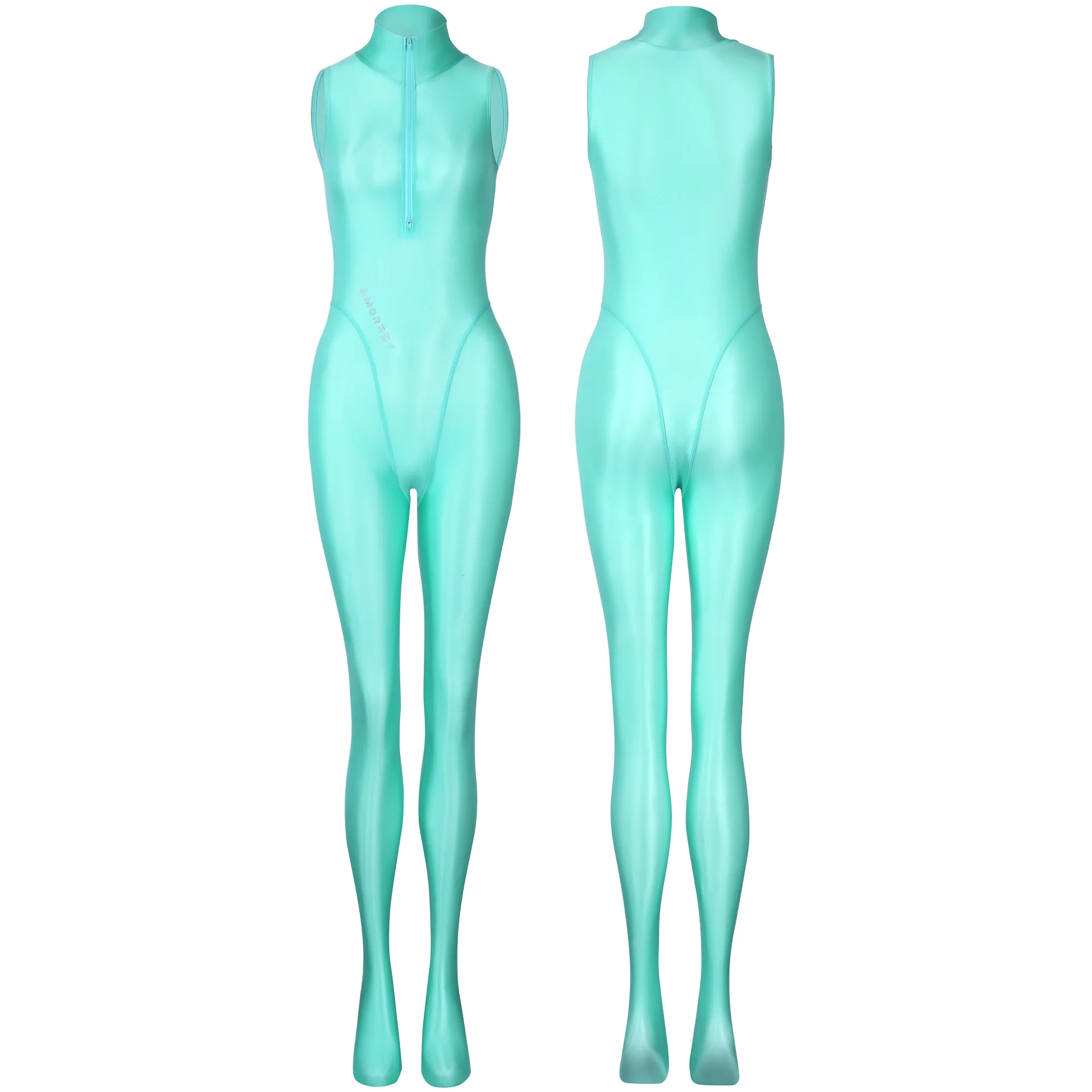 AMORESY dünner, glänzender, ölglatter, bidirektionaler Frontreißverschluss-Jumpsuit, einfarbiger, hochgeschlossener, ärmelloser Badeanzug – Detail 6