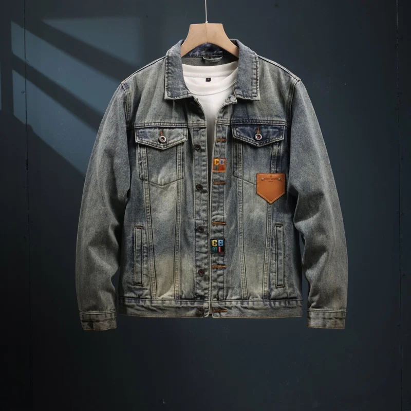 Denim Coat for Men 2024 New Autumn and Winter Street Retro Trendy Printed Casual High Street Tooling Nostalgic Jacket