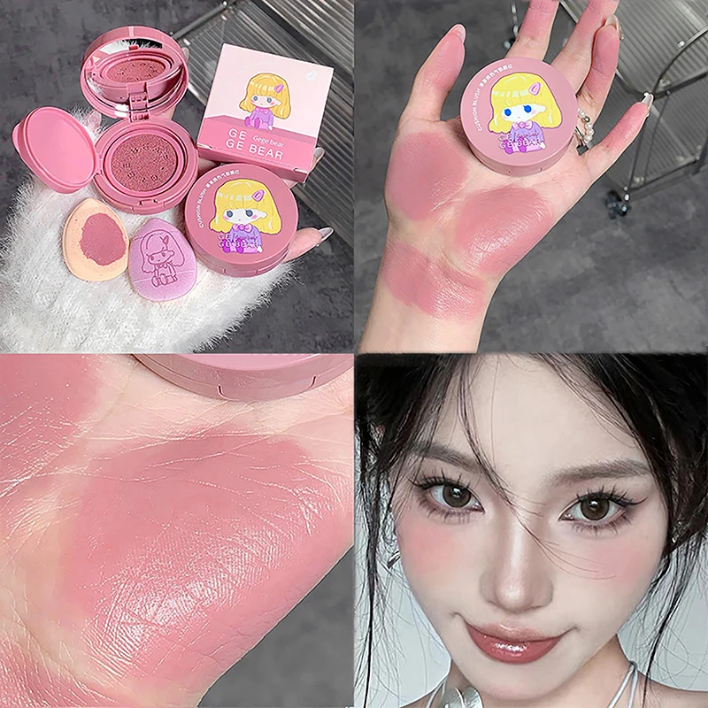 Girls Air Cushion Blush Cream Strawberry Face Blusher Natural Matte Cheek Tint Rouge Contour Mousse Blush With Sponge Puff