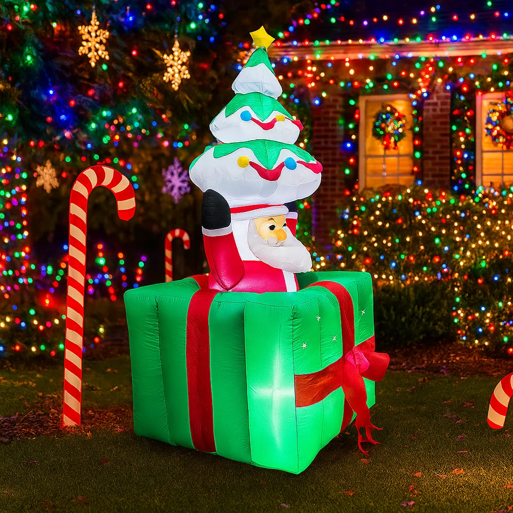 1,8 м/5,9 футов надувное дерево Санта-Клауса, подарочная коробка, светодиодные украшения для дома, игрушки, двор, рождественские украшения, праздничное освещение, декор