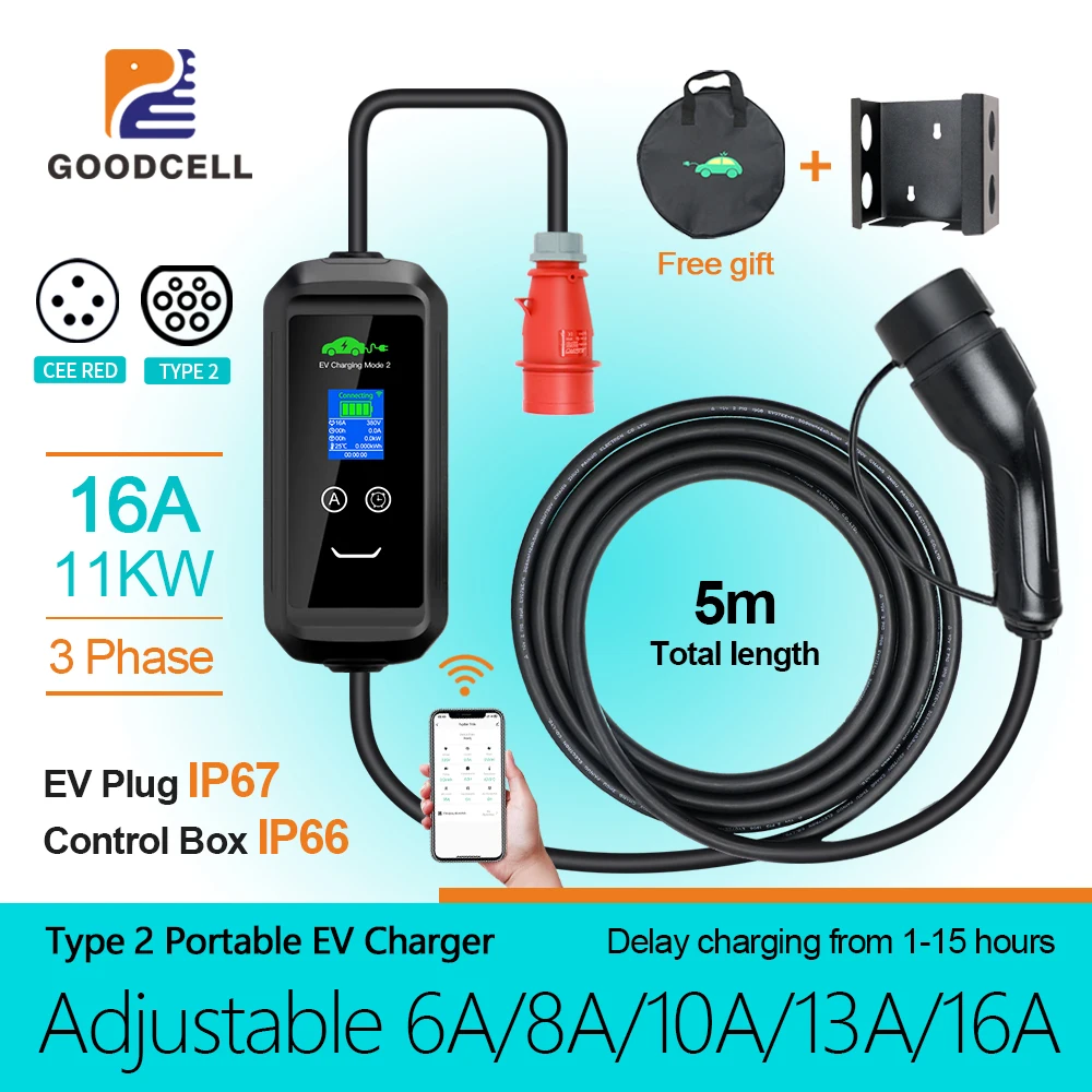 Portable 11KW 16A EV Portable Charger Type2 IEC62196-2 EVSE Charging Box Electric Vehicle PHEV Cars Charger CEE Plug 5M Cable