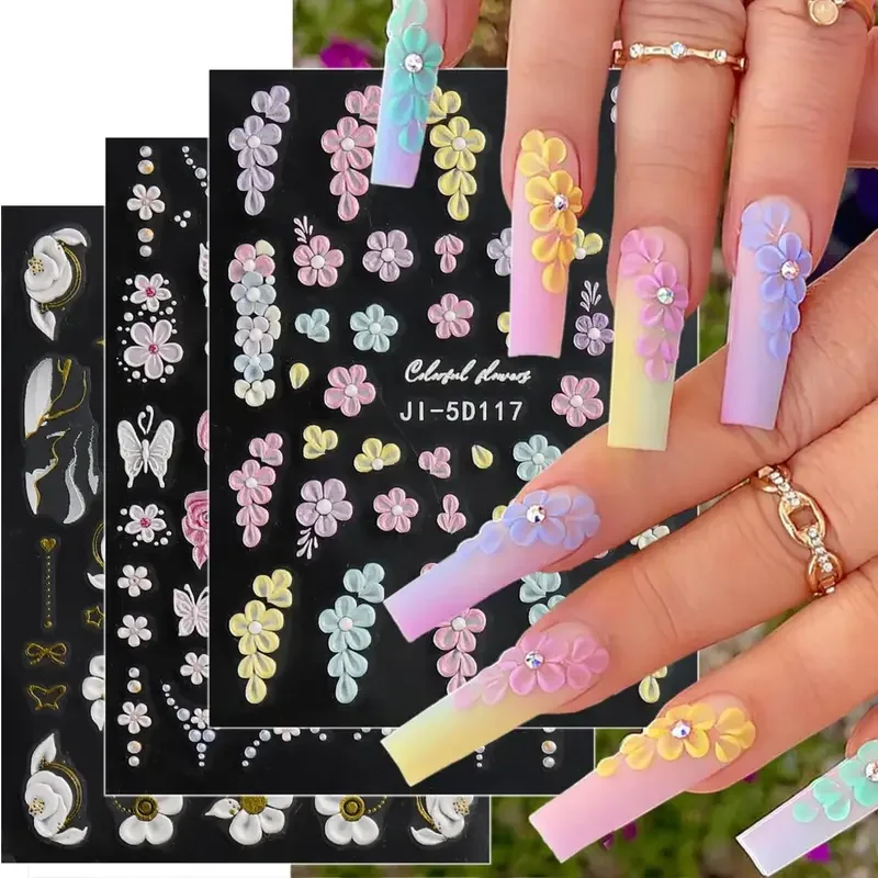 5D Embossed Floral Nail Art Stickers Five Petal Flower Butterfly and Spring Flower Designs False Nail for Nail Decoration DIY