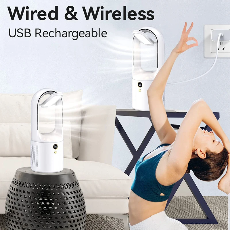 Ventilador elétrico recarregável USB Bladesess, refrigeração silenciosa de desktop, ventilador portátil sem fio com luz noturna, 6 velocidades, 2000mAh