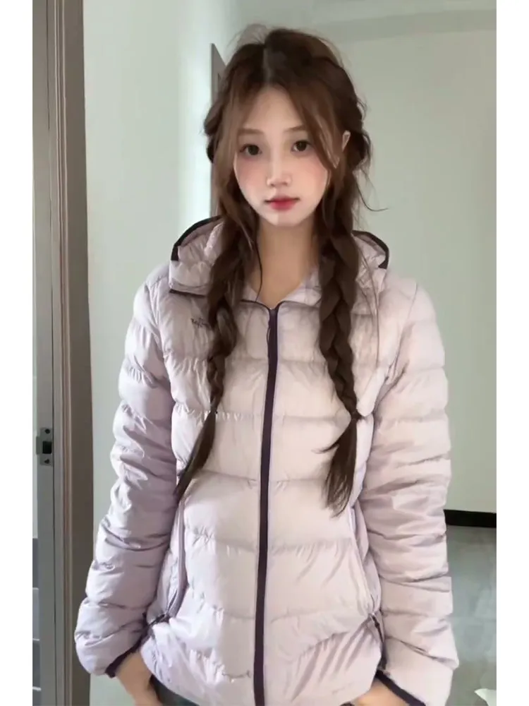 

Trendy Thiened Pink Purple Women's Cotton Jaet Winter Warm Hooded Coat Straight Cut Zipper Closure Long Sve Pure Color