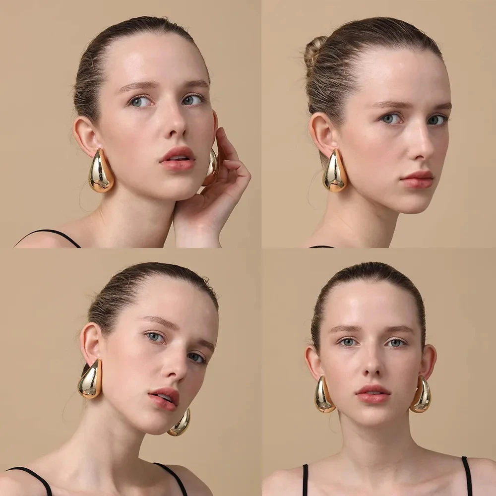 Vintage Smooth Gold Color Exaggerate Dupes Teardrop Chunky Bottega Stud Earring Stainless Steel Waterdrop Lightweight Hoops