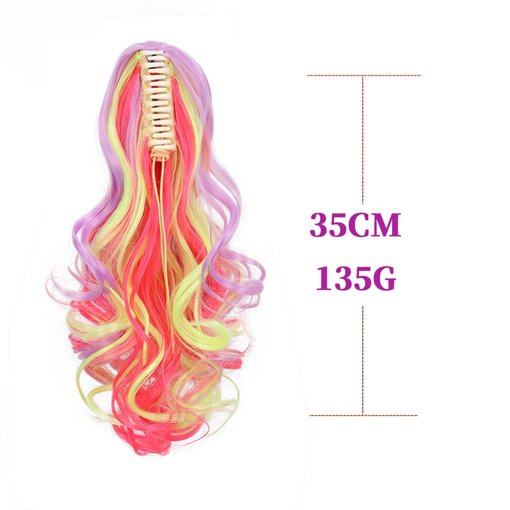 14INCH Ombre Rainbow Claw Clip Ponytail Hairpiece Multi-Color Mixed Big Wave Curly Wig Secure Large Jaw Clip Ponytail Extensions