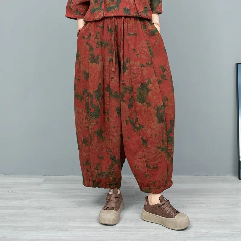 Chinese Style Printed Vintage Cotton Linen Pumpkin Pants Women 2024 Autumn LX2197