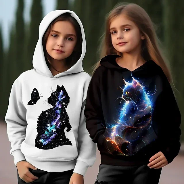 Girls' 3D Graphic Cartoon Cat Hoodie Long Sleeve 3D Print Fall Winter Active Fashion Cute Polyester Kids Outdoor Casual Daily