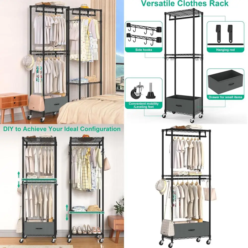 

Портативная 3-ярусная металлическая вешалка для одежды с перекладинами и колесиками, черная