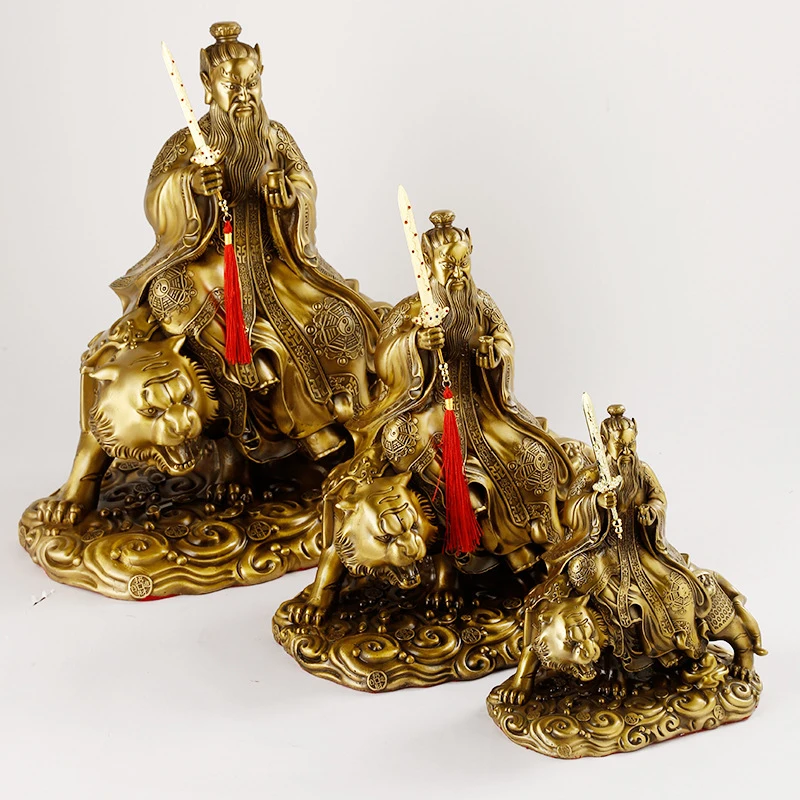 Brass statue of Zhang Tianshi riding a tiger, Zhang Daoling statue holding a sword from Longhushan, decorative craft item