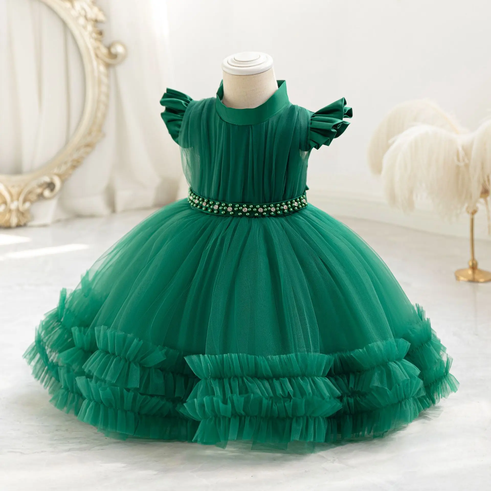 Toddler Girls Ruffle Sleeves Beaded Tulle Princess Dress For Children Wedding Birthday Party Communion Elegant Baby Baptism Gown