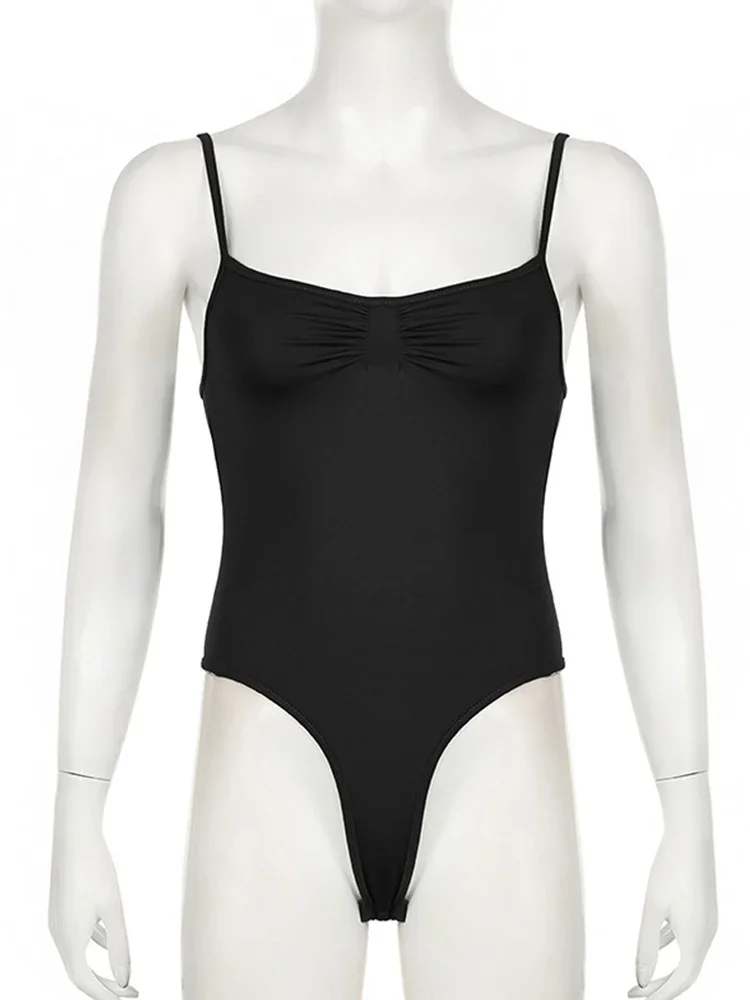 Women's Sleeveless Skinny Shirring Bodysuit Black Spaghetti Strap Solid Simple Basic Sexy Camisole for Vacation