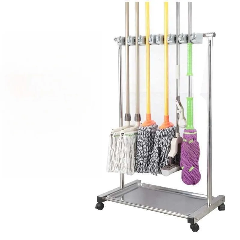 

Stainless steel movable mop rack, floor-to-ceiling broom rack, cleaning tool storage