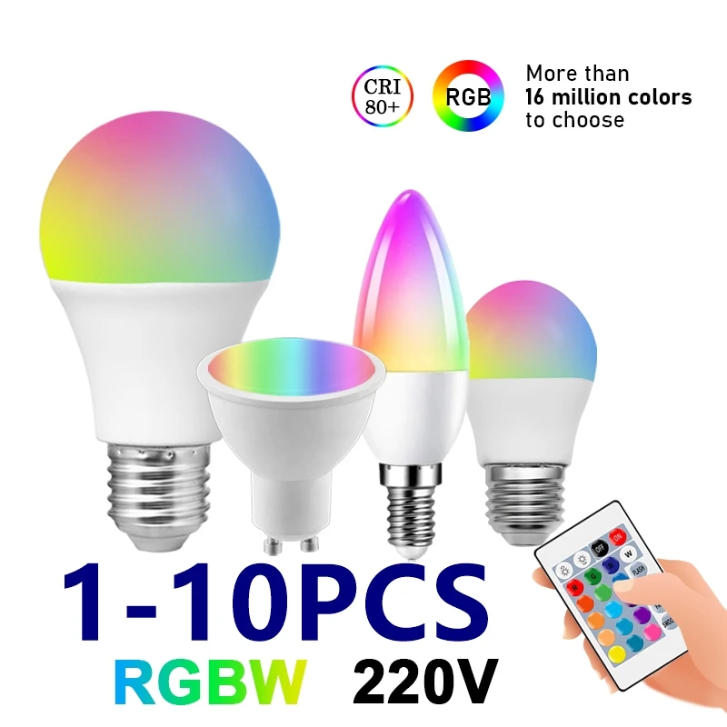 

1-10PCS LED Intelligent RGBW bulb GU10 A60 G45 C37 24 key infrared remote control AC220V 6W 10W color plus white light dimming