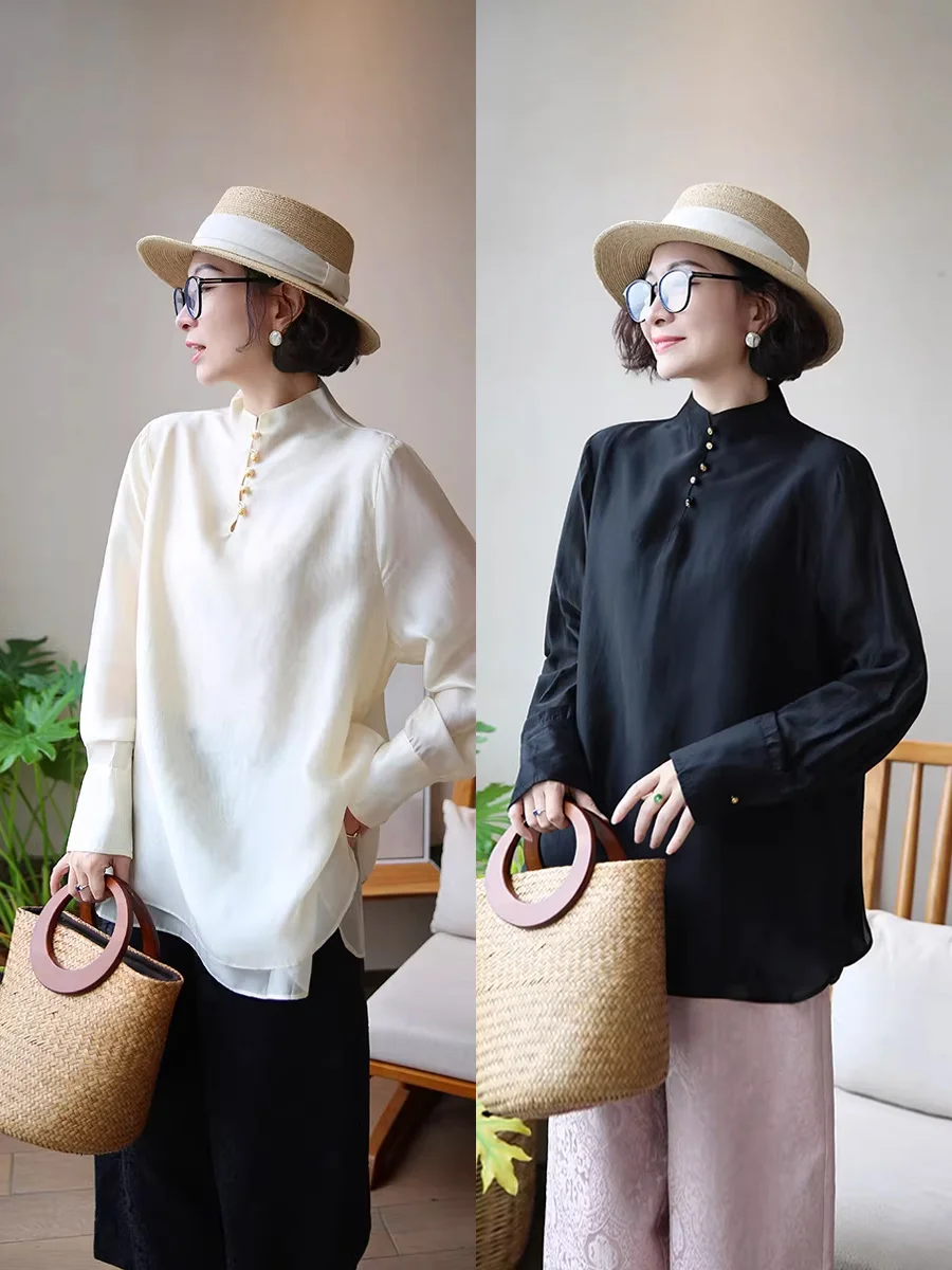 

Женская винтажная блузка Ele Ogees из атласа с воротником-стойкой, комфортная, дышащая, с длинным рукавом