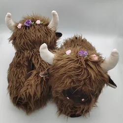 Highland-Pantoufles en peluche de vache pour hommes et femmes, chaussures moelleuses, pantoufles chaudes de bétail de dessin animé mignon, chaussures d'intérieur douces et confortables, cadeaux d'hiver