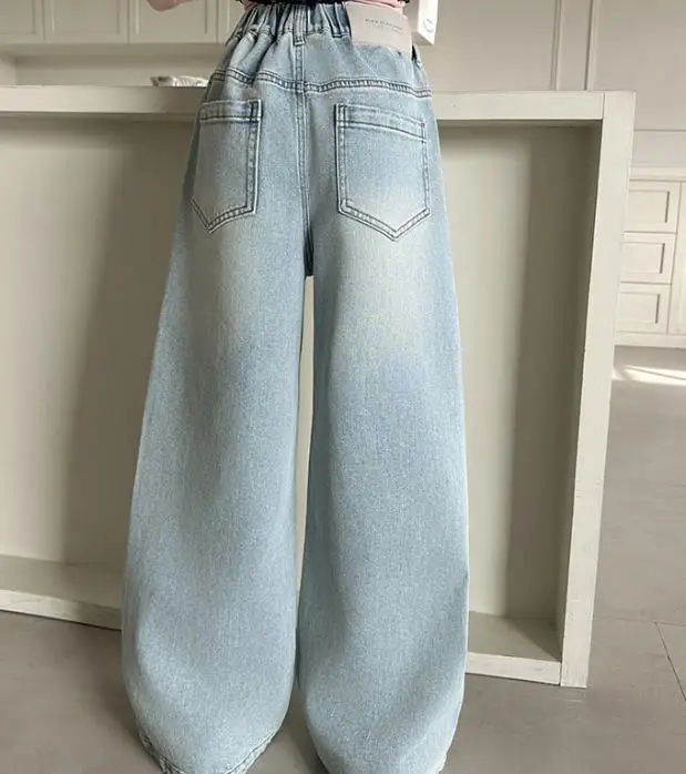 Teenager Girls Bright Diamond Bow Wide Leg Jeans Cotton Trousers Spring New Junior Kids School Clothes 4 6 8 10 12 14 Years