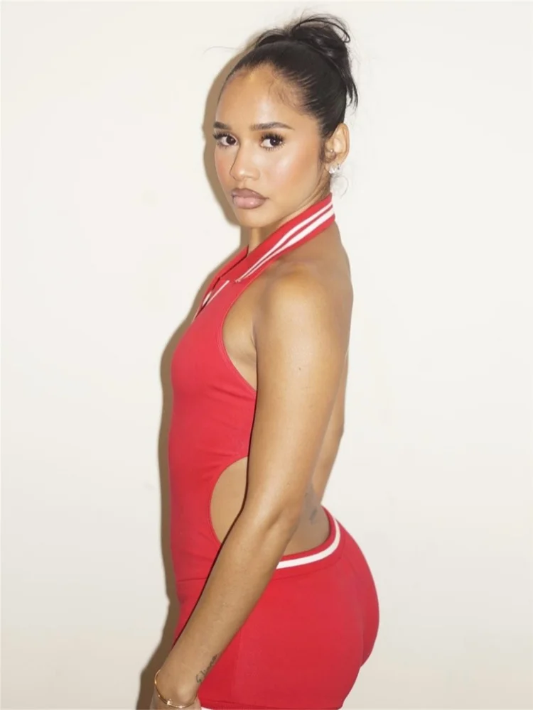 Kliou ลาย Casual ผู้หญิง Playsuits ฤดูร้อน Active Halter V คอ Backless Elastic Rompers หญิงแนวโน้ม Sporty One Piece