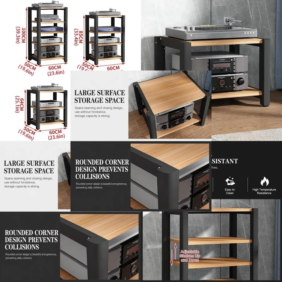 2/3/4/5-Tier AV Media Stand, Stereo Rack with Wooden Shelves