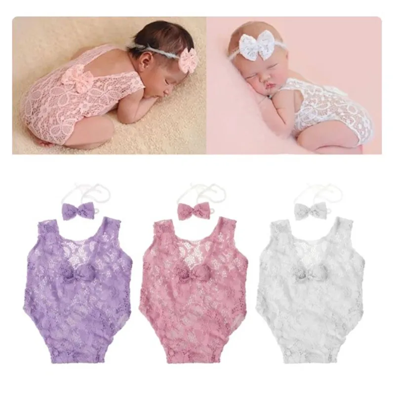 Beautiful Baby Photography Props Backless Hollow Bowknot Lace Romper Newborn Girls Outfit Photo Shooting