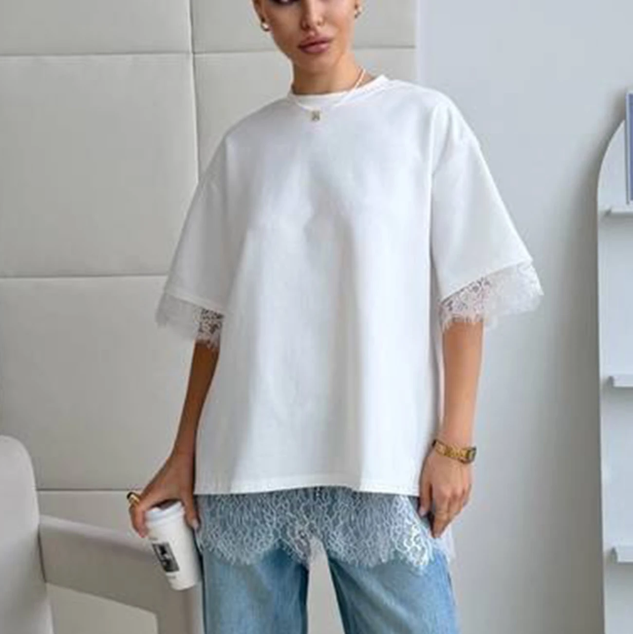 

WXOY Women Brown Oversized Open Back T-shirt Lace Trim Casual Crew Neck Short Sleeve Loose Fit Top Elegant Blouse