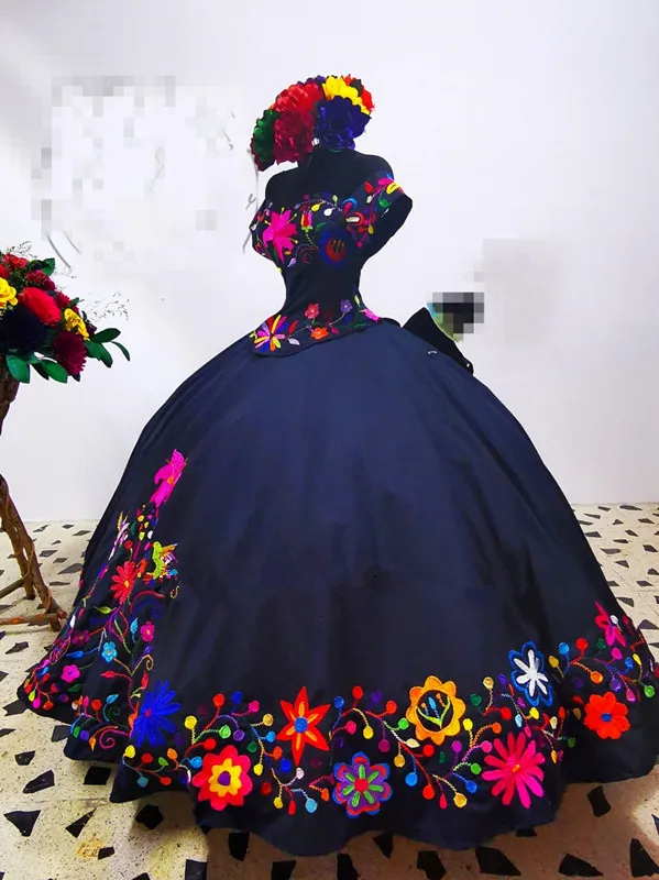 Charro vestidos de XV años Navy Blue floral Embroidery Quinceanera Dresses corset Sweet 16 Mexican Girls Prom Gowns