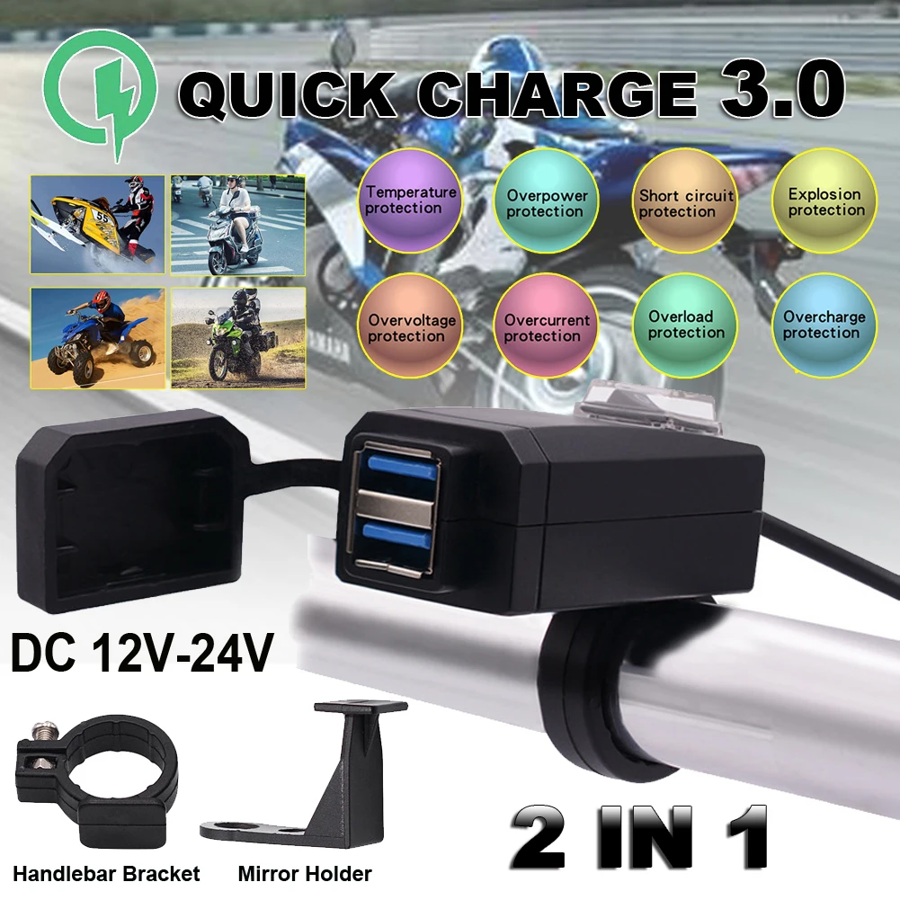 

Motorcycle Charger Dual USB Universal QC 3.0 USB Waterproof Dual USB Quick Change 12V Power Supply Adapter Motorcycle Chargers