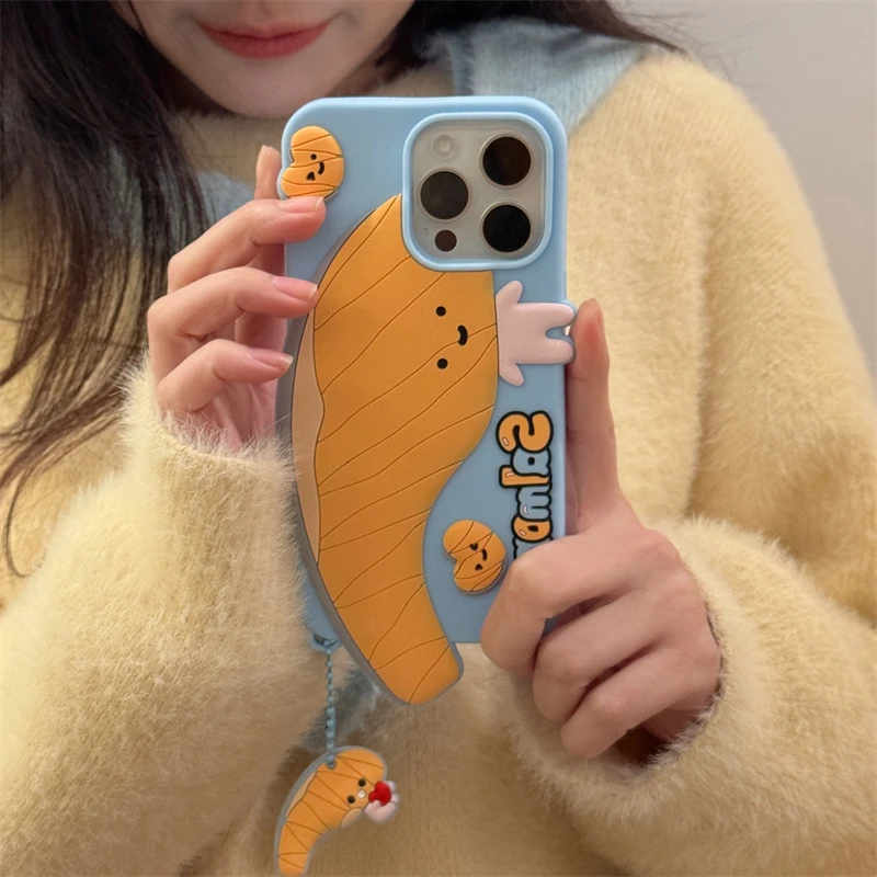 For iPhone 16 15 14 13 Pro Max promax 3D Salmon Fish Soft Silicone Phone Case With Pendant Cartoon Food Funny Cover