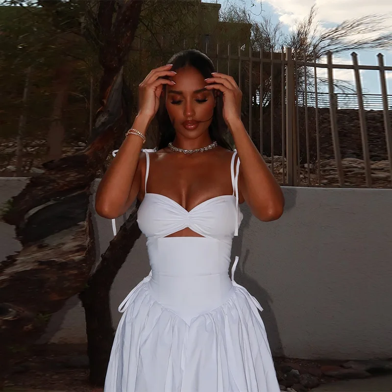 Elegantes, solides Bikini-A-Linien-Sling-Kleid für Damen, rückenfrei, ärmellos, aushöhlen, mit Schleife, Rüschen, Patchwork-Robe, 2025, neue Partykleider – Detail 10