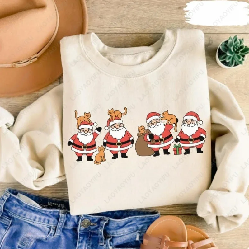 

Christmas Santa and Orange Cat Sweatshirt Meowy New Year Xmas Long Sleeve Hoodie Cute Cat Lover Funny Gift Men Women Pullover