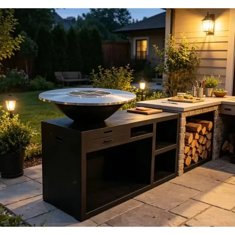 Adjustable Outdoor Kitchen Gas BBQ Grill Cabinet Island Stainless Steel High Pressure Protector Knob Party Grill
