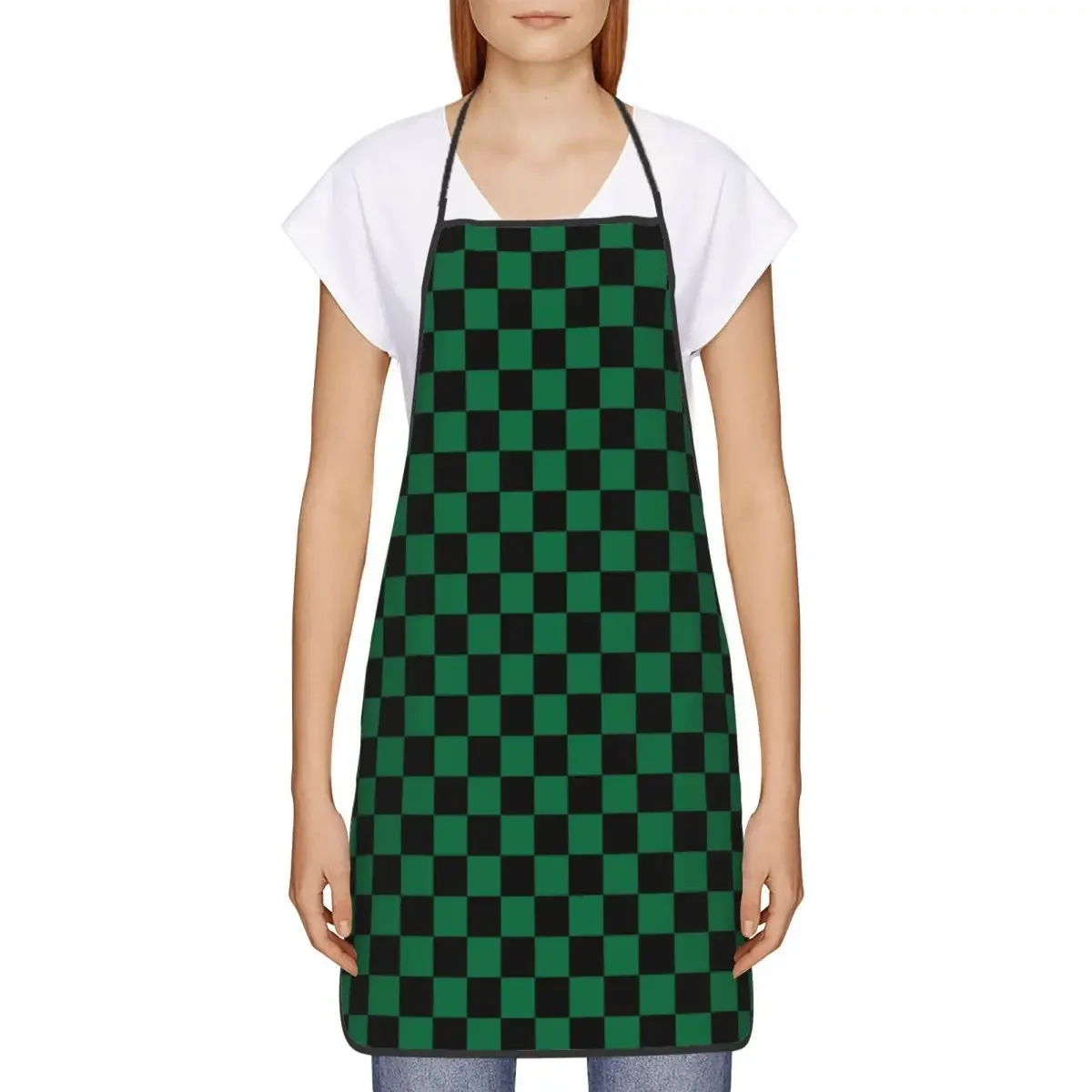 Black And Cadmium Green Checkerboard Apron Kitchen Chef Cooking Baking Bib Women Men Checkered Tablier Cuisine for Gardening