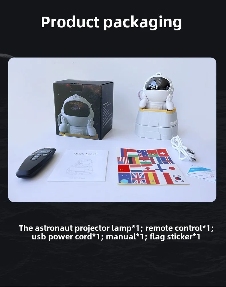 โคมไฟฉายท้องฟ้าเต็มไปด้วยดวงดาว โปรเจ็กเตอร์นักบินอวกาศภายนอก แสงโดยรอบ ลําโพง Bluetooth และการควบคุมสีด้วยระยะไกล
