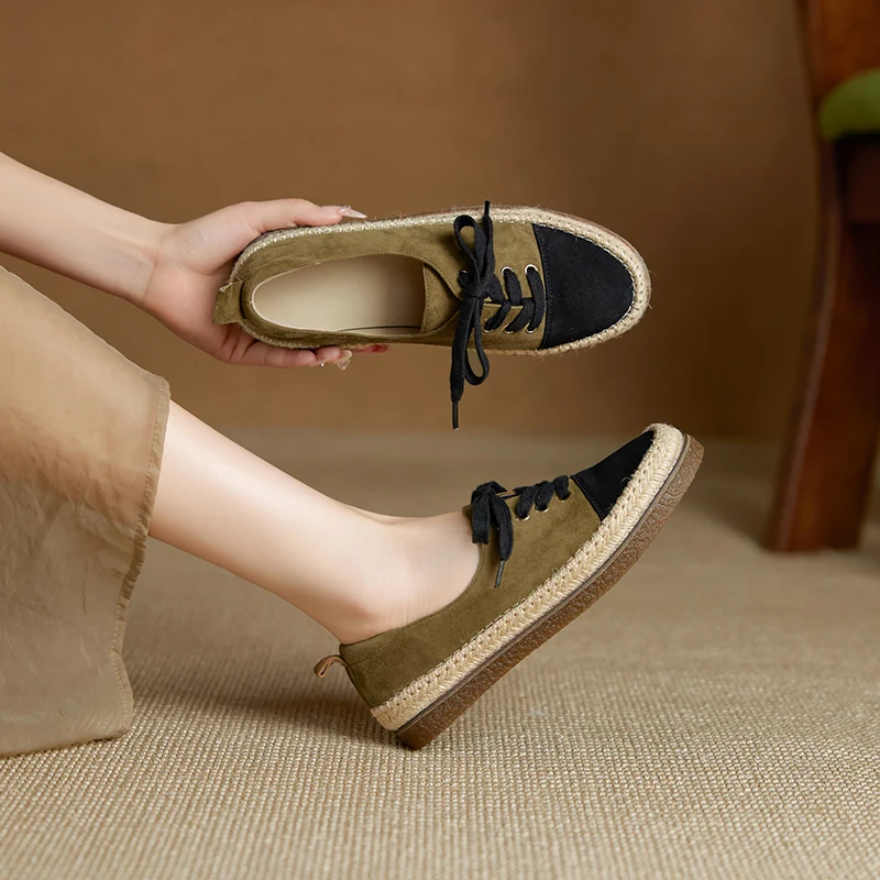 2026new spring summer women pumps natural leather plus size 22-25cm kid suede+sheepskin mixed color platform lace-up women shoes