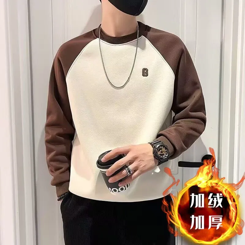 

New Autumn/winter Korean Version Trendy Brand Plush Color Block Round Neck Loose and Versatile Handsome Casual Men's Hoodie