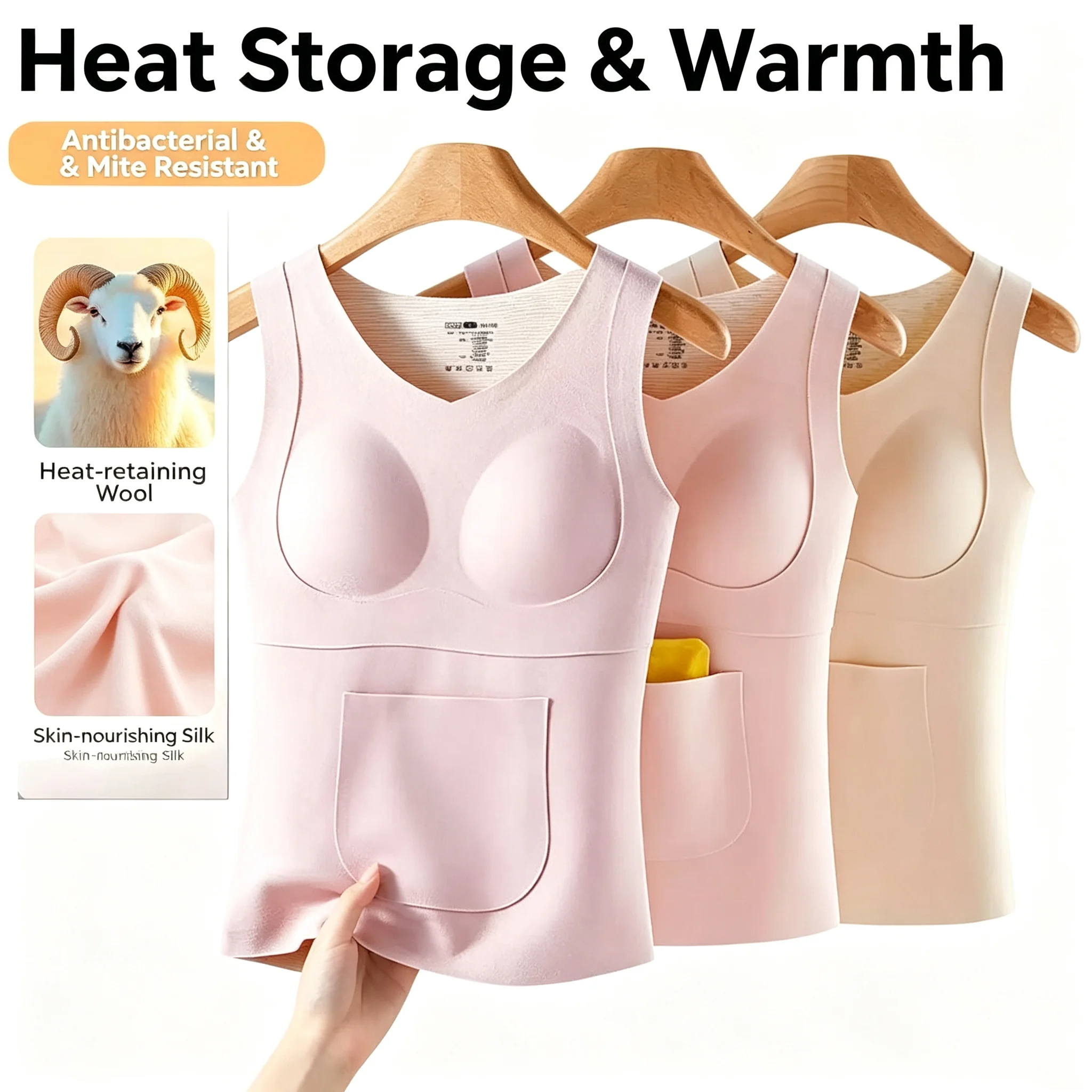 Winter Teenage Girl Thermal Vest With Built-in Bra & Heat Patch Pocket Youth Development Period Sleeveless Base Layer Warm Tops